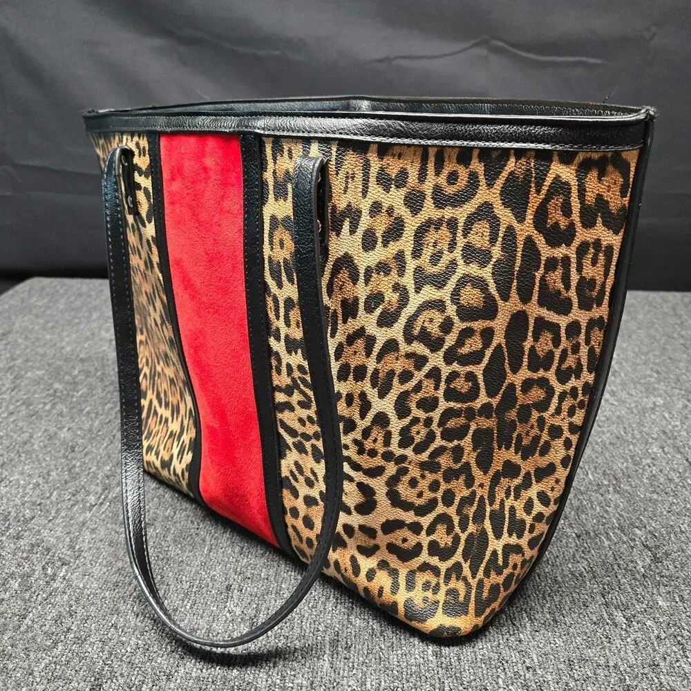 Chico’s Leopard Print Faux Suede Large Tote Red Stripe Animal Print Shoulder Bag